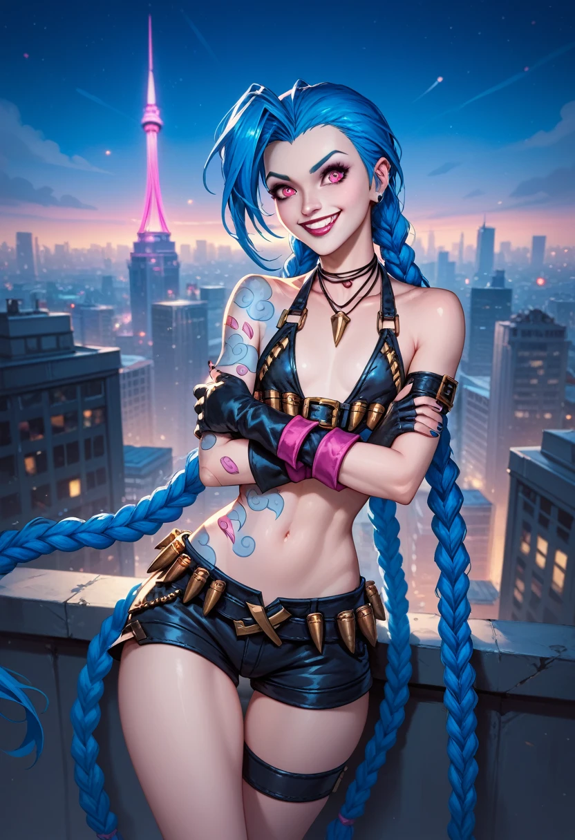 Jinx (League of Legends),Alone,tattoo, twin blade ,Long Hair, jewelry,belly button, blue hair, Shorts ,very Long Hair,Thigh length,Under the arms, necklace ,belt,bullet ,short  Shorts ,Gloves,Pink Eyes,  watching viewers , small breasts, flat chest, ,  skyscraper roof ,  overlooking the night view of the city ,  countless building lights spreading out in the background, Hair dancing in the night breeze , Victory Smile,  thrilling atmosphere ,  dark hero style , futa , futanari , huge cock , massive cock , dick big , huge ass