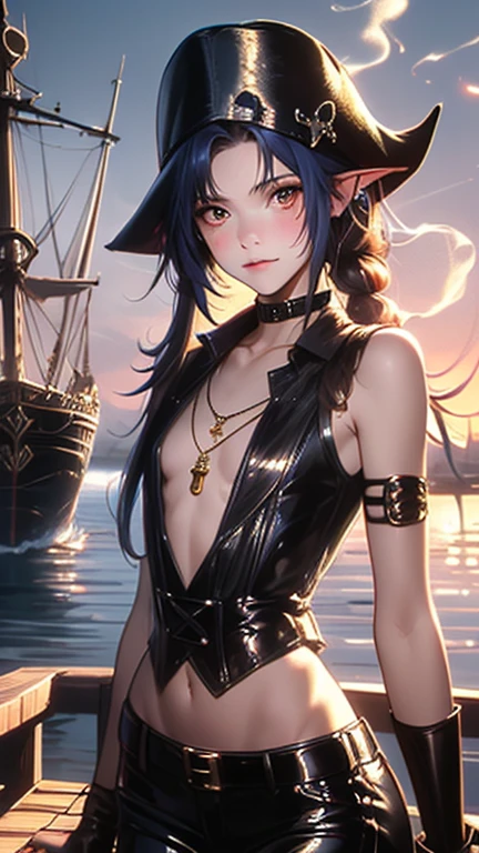 A stunning dark elf pirate captain standing confidently on a wooden ship deck during dawn, with a subtle mystical glow illuminating her surroundings. She has ash-white long hair cascading past her shoulders, a stylish tricorn hat with a skull emblem, and piercing golden eyes. Her outfit combines black leather and white fabric with intricate details, featuring a corset, gloves, and tight leather pants. She is adorned with a nose ring and layered necklaces with jewels. The background reveals a misty harbor filled with docked ships, with soft lighting to enhance the overall scene. Adjust the brightness slightly to bring out the details in her attire and facial features.