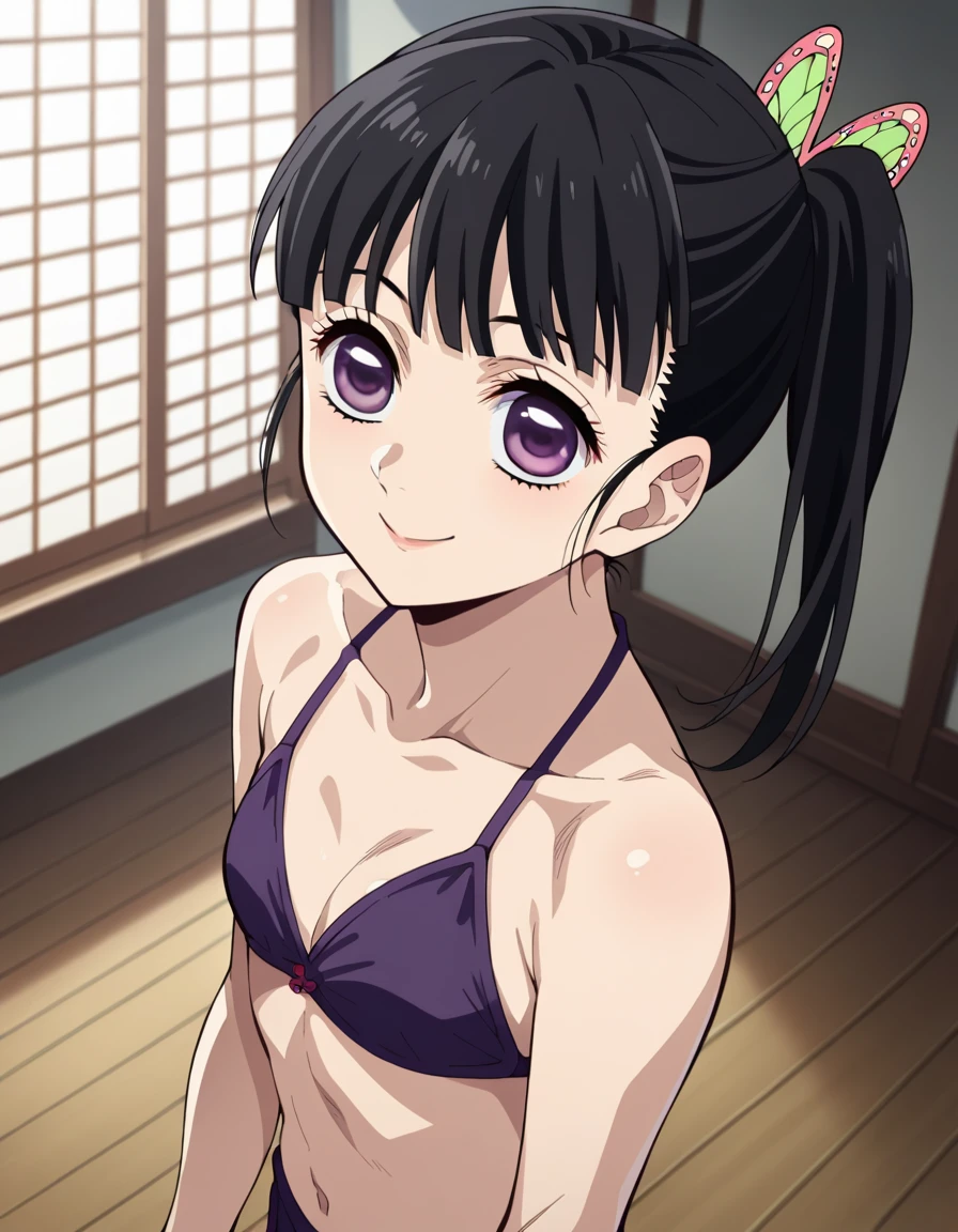 score_9, score_8_up, score_7_up, source_anime,
kanaotsuyuri, kanao tsuyuri, black hair, butterfly, butterfly hair ornament, purple eyes, side ponytail, ponytail, black bikini,
indoors, bent over, smile,
solo, dutch angle, looking at viewe