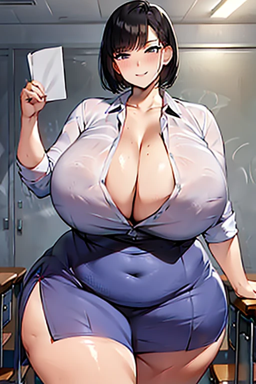 Sexy short haired Bbw is wearing a uniform in the classroom., Full body pose