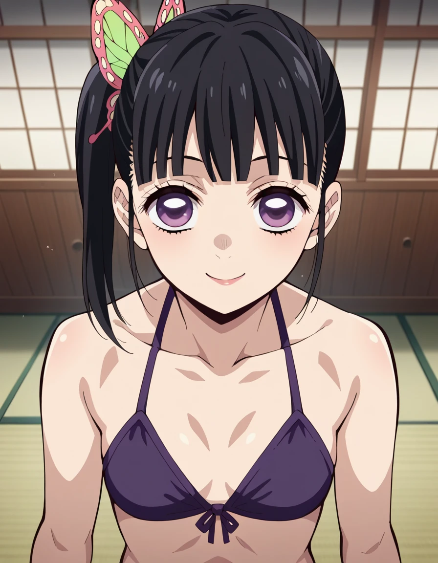 score_9, score_8_above, score_7_above, source_anime,
Kanaotsuyuri, Kanao Tsuyuri,  black hair , borboleta, butterfly hair ornament, purple eyes, side  ponytail ,  ponytail , ((purple bikini)),  inside the house , dojo, he finished, smile,
Alone,  looking at the viewer , pose sexy, whole body, of coasts, bottom view, in this, destacar in this 