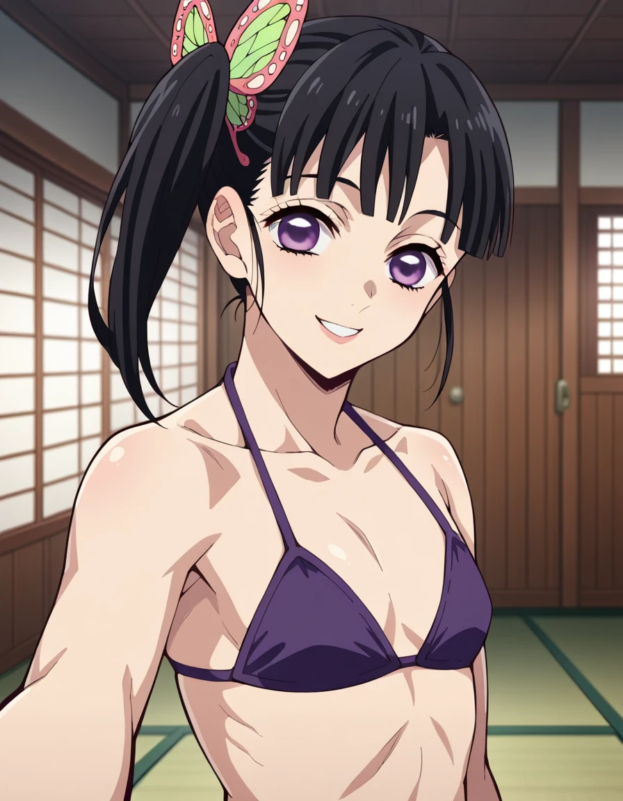 score_9, score_8_above, score_7_above, source_anime,
Kanaotsuyuri, Kanao Tsuyuri,  black hair , borboleta, butterfly hair ornament, purple eyes, side  ponytail ,  ponytail , ((purple bikini)),  inside the house , dojo, he finished, smile,
Alone,  looking at the viewer , pose sexy, whole body, of coasts, bottom view, in this, destacar in this 