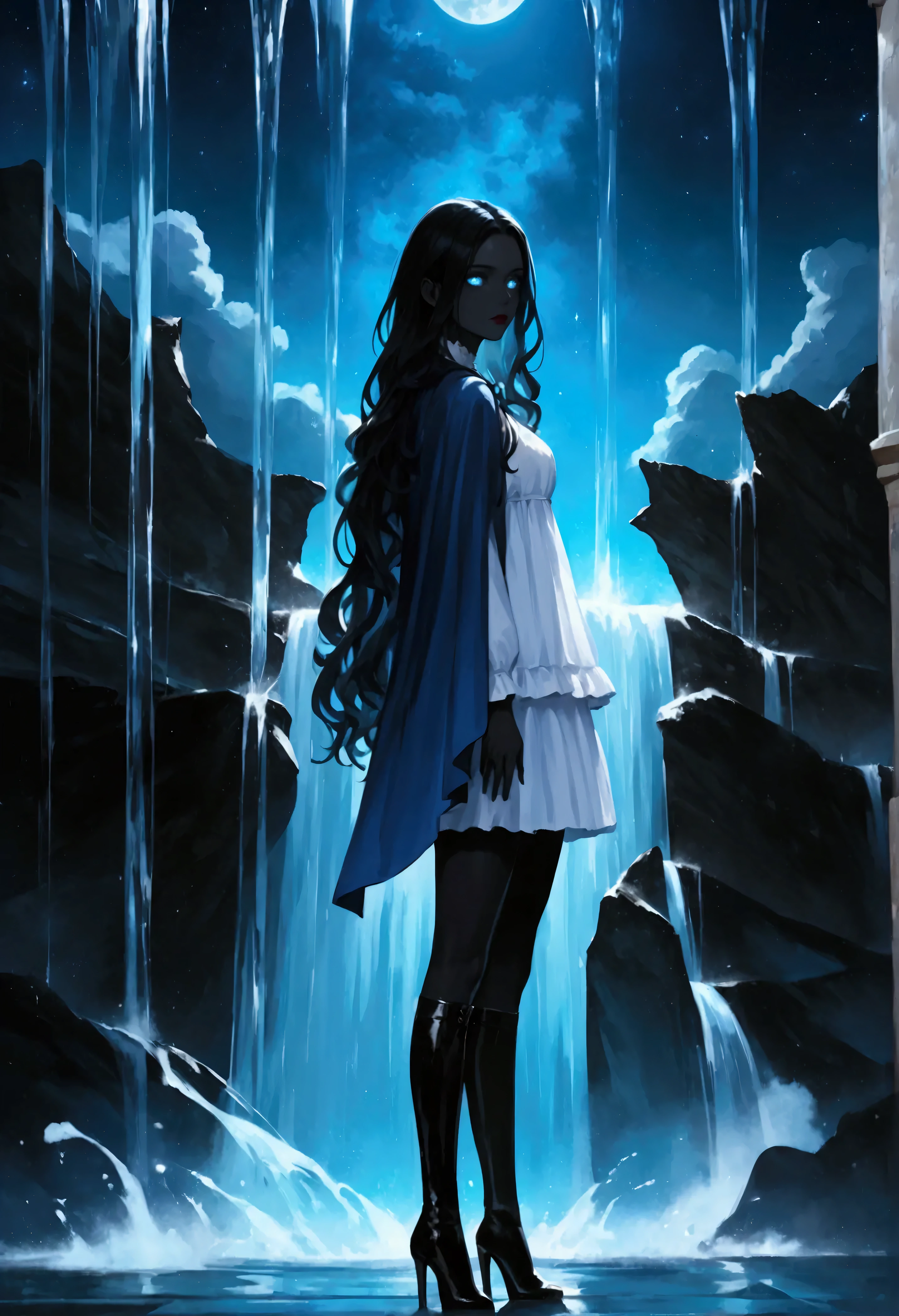 score_9, score_8_up, score_7 a portrait of an exquisite beautiful female vampire standing under the starry night sky at the base of the waterfall, dynamic angle (ultra detailed, Masterpiece, best quality), ultra feminine, (black skin: 1.3),  dynamic hair color, wavy hair, dynamic eyes color, cold eyes, glowing eyes, intense eyes, dark red lips, wearing white dress, wearing blue cloak, long cloak, flowing cloak (ultra detailed, Masterpiece, best quality), wearing high heeled boots,  water coming down from a mountain, multi level water falls, several pools created in different levels, forming new waterfalls, water cascading into a pool steam rising, clear water in many hues of blue and azure falling, ultra best realistic, best details, best quality, 16k, [ultra detailed], masterpiece, best quality, (extremely detailed), ultra wide shot, photorealism, depth of field, hyper realistic painting, sky full of stars background, moon, bats flying about, high details, best quality, 8k, [ultra detailed], masterpiece, best quality, (ultra detailed), full body, ultra wide shot, photorealism, dark fantasy art, dark fantasy art, gothic art, many stars, dark fantasy art, gothic art, sense of dread, Intense gaze, magical sky