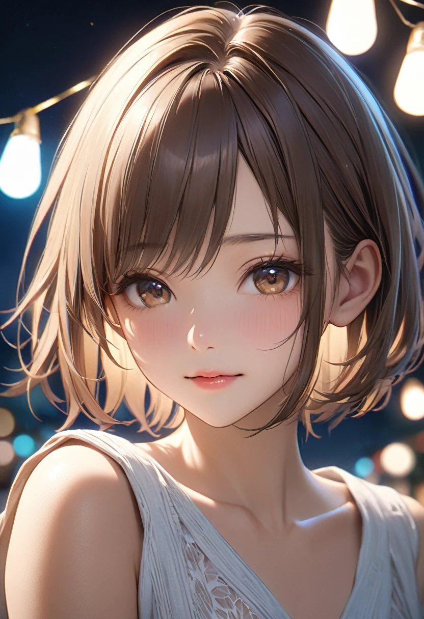 night, RAW Photos, (((Very beautiful portrait))), (Very beautiful portrait))), 1 girl, sexy 2 girl, ((Natural brown short hair)), [Brown eyes],A gentle smile looking at the camera(Cleavage), ((masterpiece, 最high quality, Super detailed, Cinema Lighting, Intricate details, High resolution, 8k, Very detailed)), Detailed Background, 8k UHD, Digital SLR, Soft lighting, high quality, Film Grain, Fujifilm XT3, Shallow depth of field, Natural light, Perfect Face