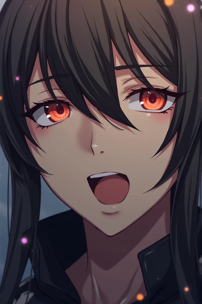 akeno, face focus,face close up, detailed face, detailed eyes, blush on face, smiling ,red lips,choker, hair,sperm on lips