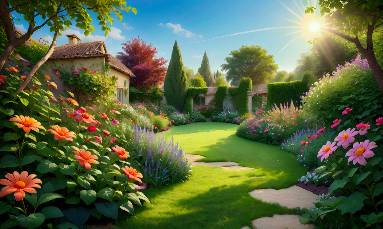   masterpiece , The best quality , extremely detailed 8K wallpaper     ,  about Flowers in the garden a beauty in the sun