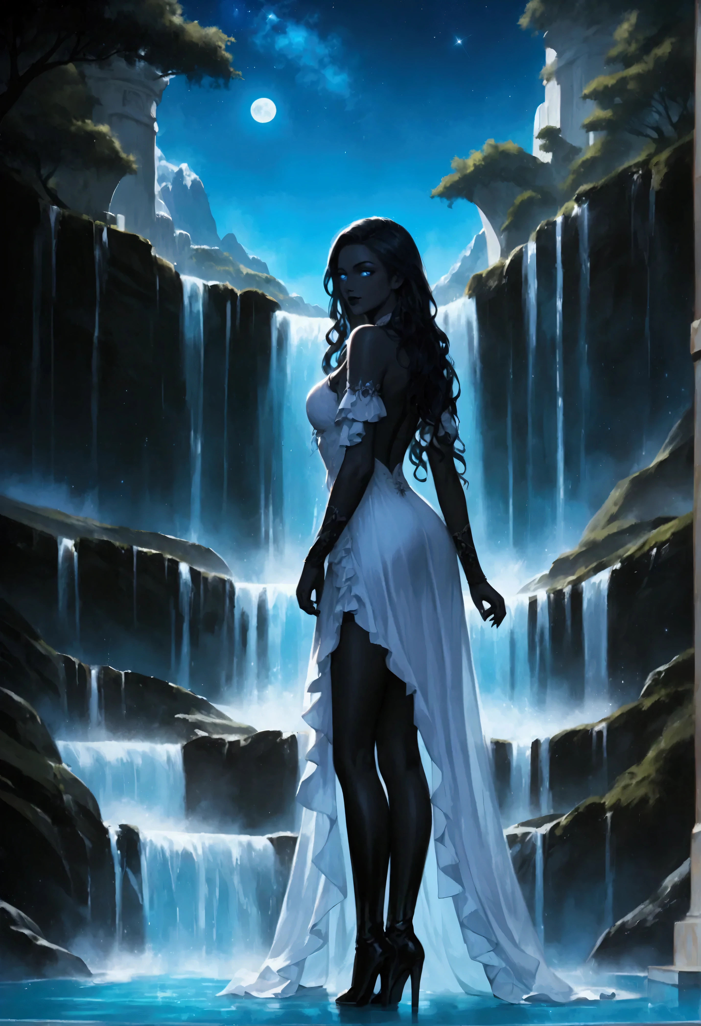 score_9, score_8_up, score_7 a portrait of an exquisite beautiful female vampire standing under the starry night sky at the base of the waterfall, dynamic angle (ultra detailed, Masterpiece, best quality), ultra feminine, (black skin: 1.3),  dynamic hair color, wavy hair, dynamic eyes color, cold eyes, glowing eyes, intense eyes, dark red lips, wearing white dress, wearing blue cloak, long cloak, flowing cloak (ultra detailed, Masterpiece, best quality), wearing high heeled boots,  water coming down from a mountain, multi level water falls, several pools created in different levels, forming new waterfalls, water cascading into a pool steam rising, clear water in many hues of blue and azure falling, ultra best realistic, best details, best quality, 16k, [ultra detailed], masterpiece, best quality, (extremely detailed), ultra wide shot, photorealism, depth of field, hyper realistic painting, sky full of stars background, moon, bats flying about, high details, best quality, 8k, [ultra detailed], masterpiece, best quality, (ultra detailed), full body, ultra wide shot, photorealism, dark fantasy art, dark fantasy art, gothic art, many stars, dark fantasy art, gothic art, sense of dread, Intense gaze, magical sky