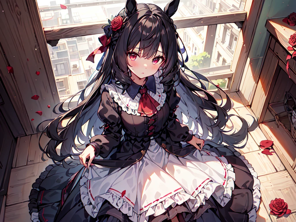 ((Masterpiece, Top Quality)), Horse Ears, Red Eyes, (Blue and Black High Waisted Dress), (Long Skirt), Flowers, Ruffles, Flowers in Hair, Interlocking Fingers, Long Sleeves, Putting Her Hands Together, Puffy Sleeves, Red Flowers, Solo, Black Pantyhose, Black Legwear, Small Breasts, Looking at the Viewer, ((View from a slightly elevated position)), (Quiet Expression), Standing, (Carpet of Red Roses)