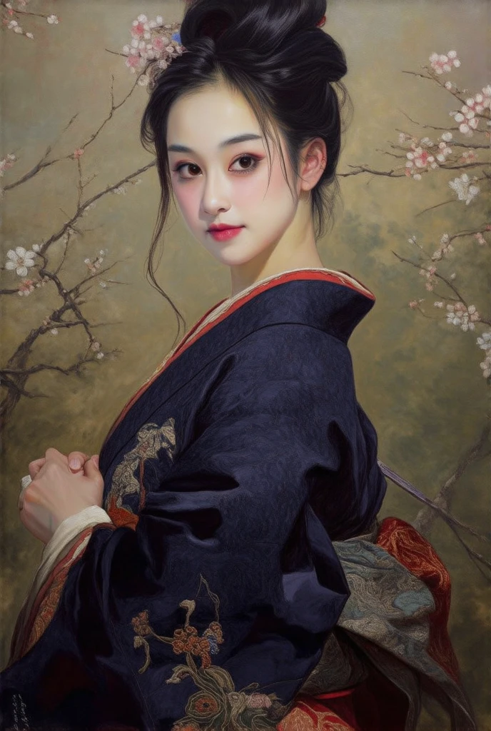 Oil painting portrait of a fair-skinned woman wearing a dark beautifully embroidered kimono, blending traditional and modern styles. The scene captures tranquility and elegance, emphasizing her connection to nature and culture.