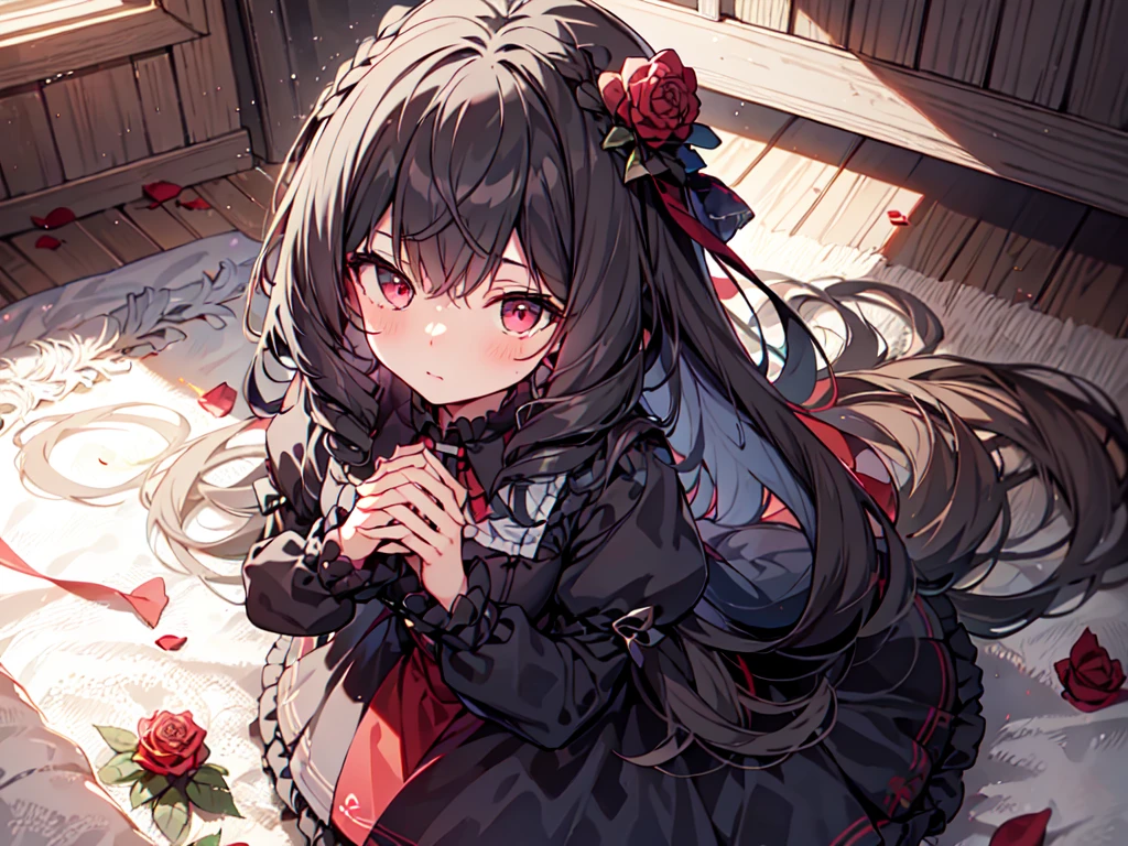 ((Masterpiece, Top Quality)),Human Ear, Red Eyes, (Blue High Waisted Dress), (Long Skirt)、 (Carpet of Red Roses), Flowers, Ruffles, Flowers in Hair, Interlocking Fingers, Long Sleeves, Putting Her Hands Together, Puffy Sleeves, Red Flowers, Alone, Black Pantyhose, Black Legwear, Small Breasts, Looking at the Viewer, ((View from a slightly elevated position)), (Quiet Expression), slouch、 forward leaning position、 on all fours,
