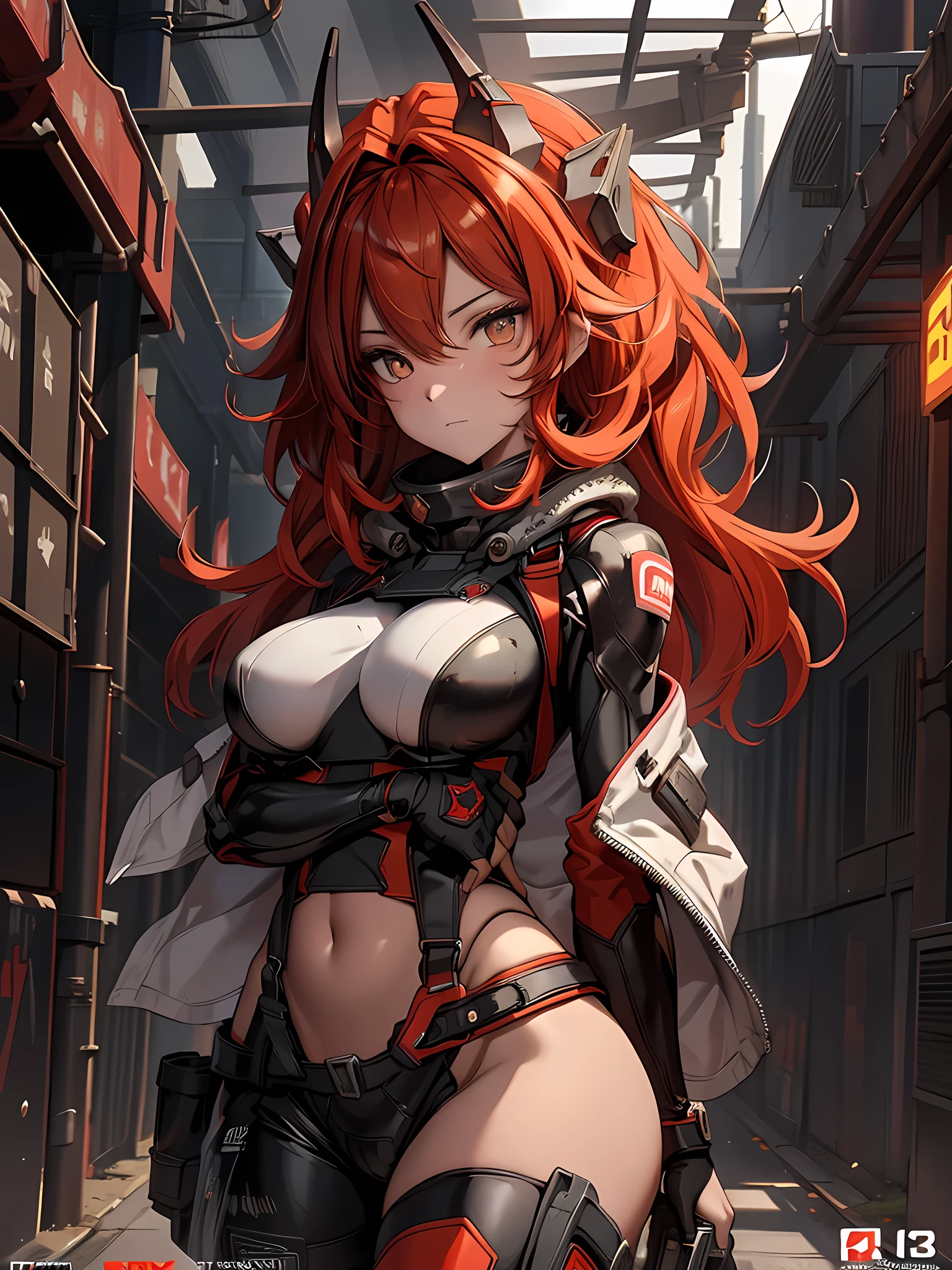 A lone mature girl, Leg long Burning Red hair, , Brown eyes, cat eyes, Beautiful face, masterpiece, best quality, expressive eyes, perfect face, forehead protector, long Black Twin Horn Head Gear, Big Anti-Tank Sniper Rifle, Exposed Navel, Black rubber skin tight suit, full leg black stocking, exposed chest , sci-fi city , High detail mature face, combat suit, high res, ultra sharp, She stands confidently in the center of the poster, Shooting pose, explosion effect, a determined expression on her face。The background is dark and gritty，There is a sense of danger and a strong feeling。The text is bold and eye-catching，With catchy slogans，Adds to the overall drama and excitement。The color palette is dominated by dark colors，Dotted with bright colorake the poster dynamic and visually strikinagazines:1.3), (Cover-style:1.3), Fashion, vibrant, Outfit, posing on a, Front, rich colorful，Background with，element in，self-assured，Expressing the，halter，statement，Attachment，A majestic，coil，Runt，Touching pubic area，Scenes，text，Cover of a，boldness，attention-grabbing，titleashion，typeface，，Best quality at best，Hyper-detailing，8K ，hyper HD