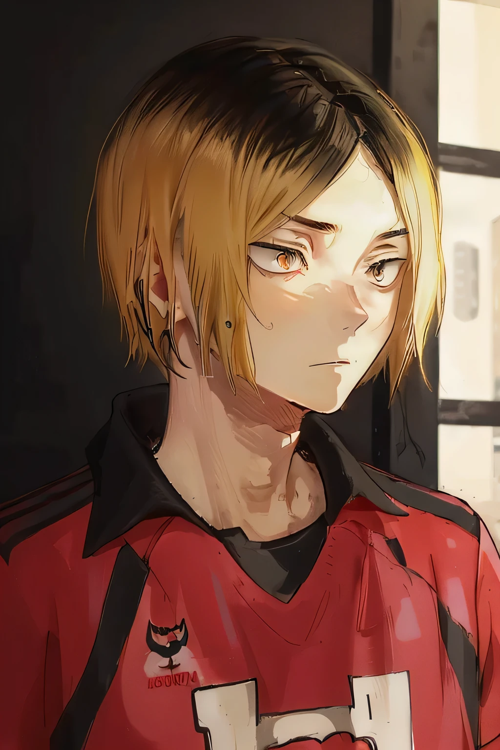 (((Kozume Kenma))), a quiet, introspective  boy with a slight, delicate build. His pale skin contrasts with his distinct two-toned hair: golden blonde on top, fading into black tips that reach just past his chin in a softly layered cut. His large, cat-like golden-brown eyes hold an intelligent yet reserved expression, framed by thin eyebrows and a faintly tired gaze. Dressed in a casual yet sporty outfit, including a volleyball jersey with a red-and-black color scheme, he exudes an air of quiet detachment. He clutches a volleyball loosely, as if his focus lies more in strategy than physical power. The background is simple but subtly dynamic, evoking a volleyball court under soft lighting that emphasizes his thoughtful demeanor.