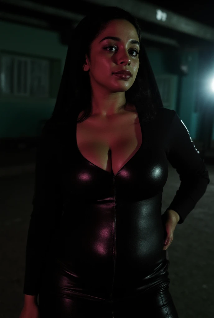 Arabic Woman, beautiful, sexy girl, ultra realistic, young woman, very large bust, large ass, big bouncy ass, busty, very sexy, Alluring, Tempting, Moody street setting, high camera angle, Dramatic portrait style, skinny curvy, very big bust, huge breasts, Egyptian girl, long hair down to waist, eyes closed shut, darker skin, black nail polish, hour glass figure, facing viewer, coal black eye shadow, small waist, DARK SKIN,  woman, plump lips, very long hair length, pleasure expression, short torso, pleasure facial expression, mouth open wide, dark black eyeliner, mascara, eyelids black, black shirt wet, long shiny straight black hair, short woman, short upper body, Egyptian arab, thin and  with massive natural breasts, outside in street at night, fully clothed, raining, wet floor, street lights, wet black shirt and jeans, shirt tied up, facing viewer, nike logo clothing, high viewing angle, women looking up at viewer, view from above, raining, looking down at woman, short woman, 5ft tall, black yoga pants, tall viewer, tight black turtle neck with Nike logo, full body view from above, facing viewer, (Top view: 1.3), fully clothed, thick thighs, 5ft tall woman