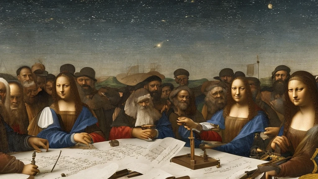 "Leonardo da Vinci in a workshop filled with sketches, models of flying machines, and paintings like the Mona Lisa. Behind him, Galileo gazes at the stars with a telescope." high details