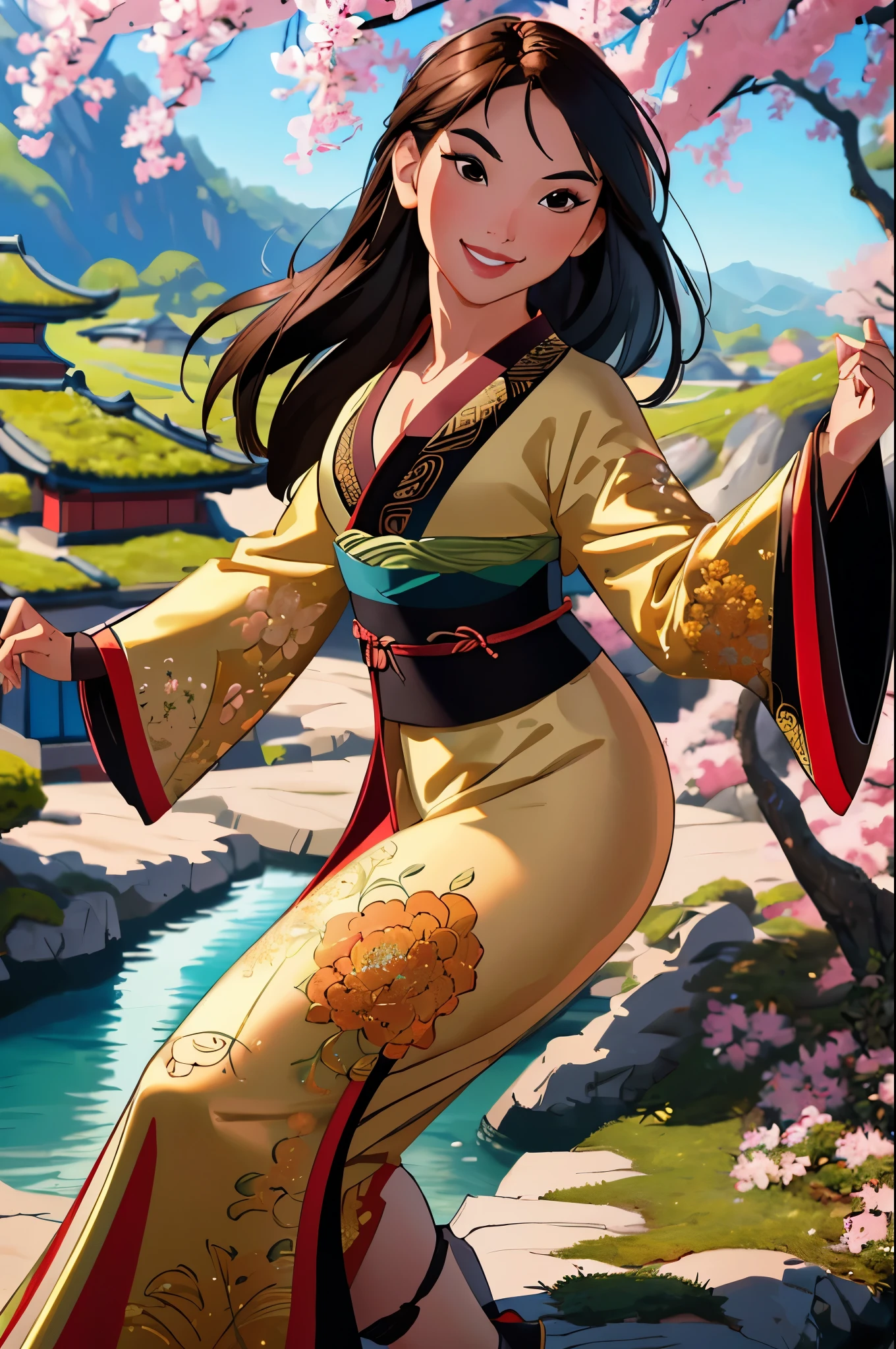 (masterpiece:1.2), (best quality), (ultra detailed), (8k, 4k, intricate),(full-body-shot:1), (highly detailed:1.2),(detailed face:1.2), (detailed background),detailed landscape,  (dynamic pose:1.2),mulan, 1girl, solo, long hair, looking at viewer, smile, brown hair,  upper body, japanese clothes, kimono, black eyes, sash, obi