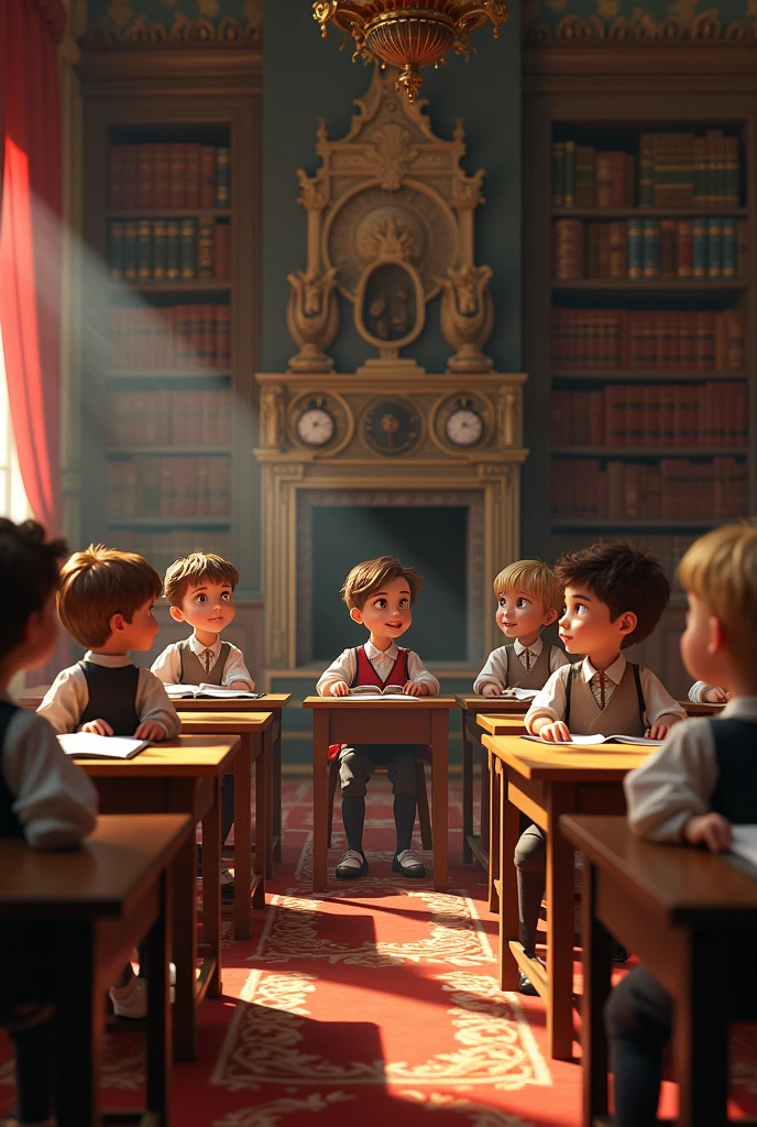 The boy pauses outside a large, well-maintained house with a beautiful garden. Through an open window, he watches a group of well-dressed children sitting at a table, studying with open books and notebooks. The boy looks at them with longing and admiration, his eyes reflecting his deep desire to learn