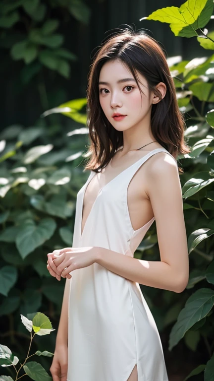 Unclear、petite person、(Long white silk camisole、white panties)、Outside the field、(Slimed、small tit、flat boobs、small tit)、Photorealsitic、detaileds, Skin Texture, ultra-detailliert、Delicate and sexy collarbone、Super Detailed Face、Detailed lips、A detailed eye、二重まぶた、14 years old girl、Sexual facial expressions、Wet body、Squatting and peeing、Bun hair、She tucked her chest between her arms.、Show cleavage to the camera.、Slouched