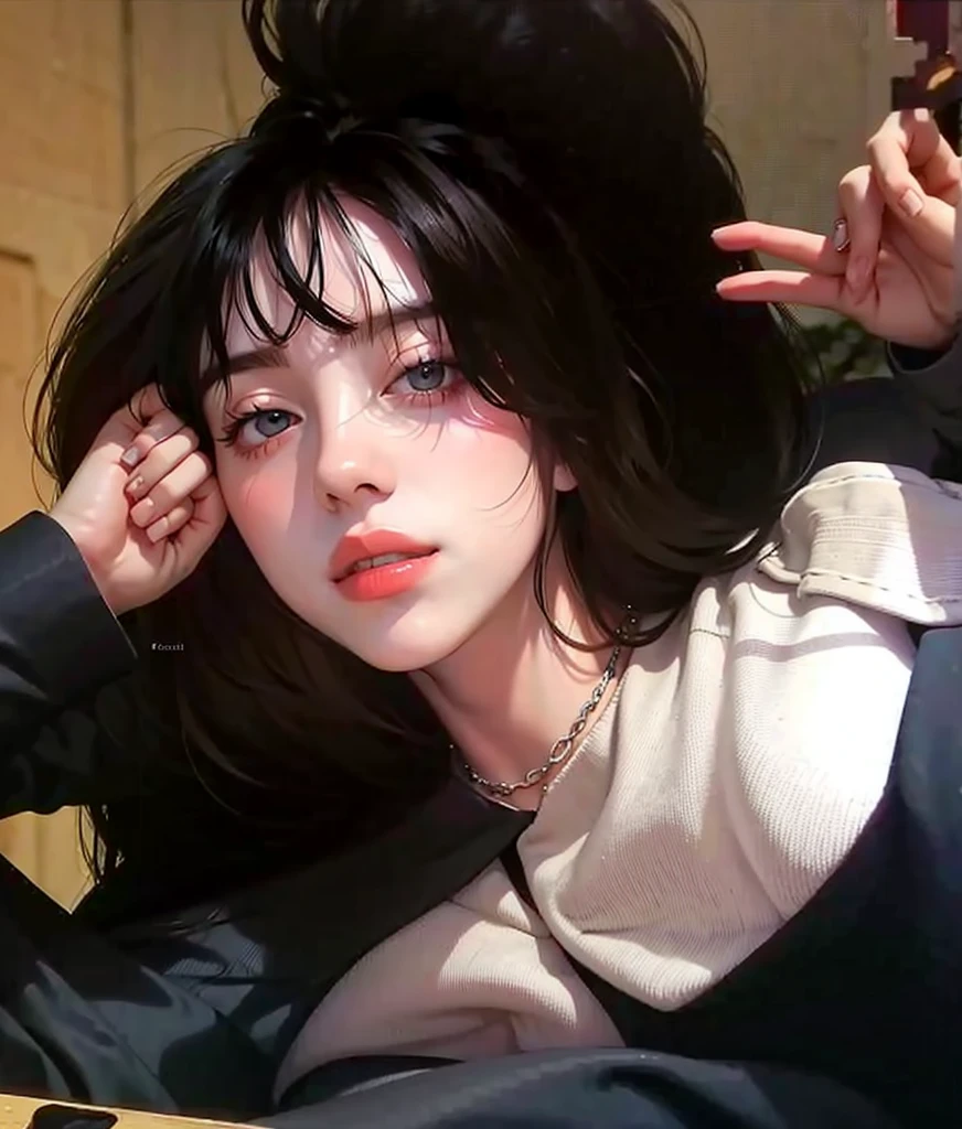 The Arad woman sat on a bench,arms folded, inspired by Ma Yuanyu, ulzzangs, by Yang J, Inspired by Huang Ji, jisoo from blackpink, Shin Jinying, portrait jisoo blackpink, Shoulder-length black hair, Inspired by Tang Yifen, lee ji eun, xintong chen, Lee Ji-eun, beautiful Korean women