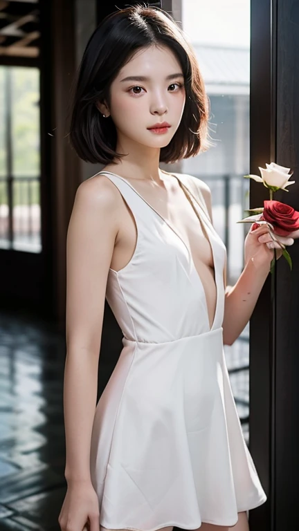 1girl, quite a bit body, hyperrealistic digital render art of a beautiful gorgeous young cute Asian woman, 24yo., looking at viewer, detailed face, Realistic texture human skin, bright glowing face, curved eyebrows, droopy hooded eyes, low nasal bridge, wavy nose, wind tousled bob hair, (((young Marion Cotillard  blended face mixed with young Anne Hathaway))), emerging from the heart of a large glass rose. Its petals, shimmering like teardrops in the moonlight, unfurl to reveal her ethereal form. Her long hair flows like shadows, cascading around her like liquid night, illuminated by the soft glow emanating from the glass rose. enduring power of nature.white body suit