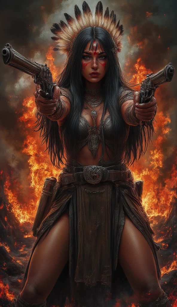 cowboy girl, digital painting in anime style, native american woman, native long dress with thigh-high slit, straigh black hair, blue eyes, painted face in red war colors, plume with several feathers, belt with revolver, holds revolver in hand and aims at viewer, furious expression on her face, eager for revenge, in the background a conflagration from an Indian village, midjourneyv6.1