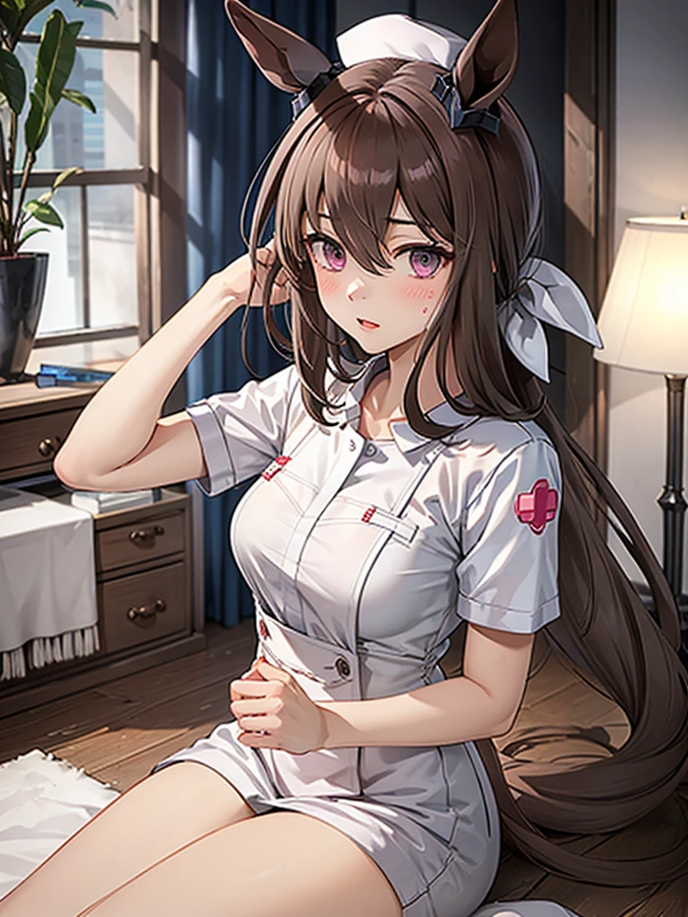  High Quality、 super detailed、 is meticulous about every detail、 perfect anatomy、 perfect human body structure、Captivating Eyes、Seductive lips、Ruby Lip、 RAW Photos、Admire Vega、horse ear、 wearing nurse clothes、 embarrassed 、blush、indoor