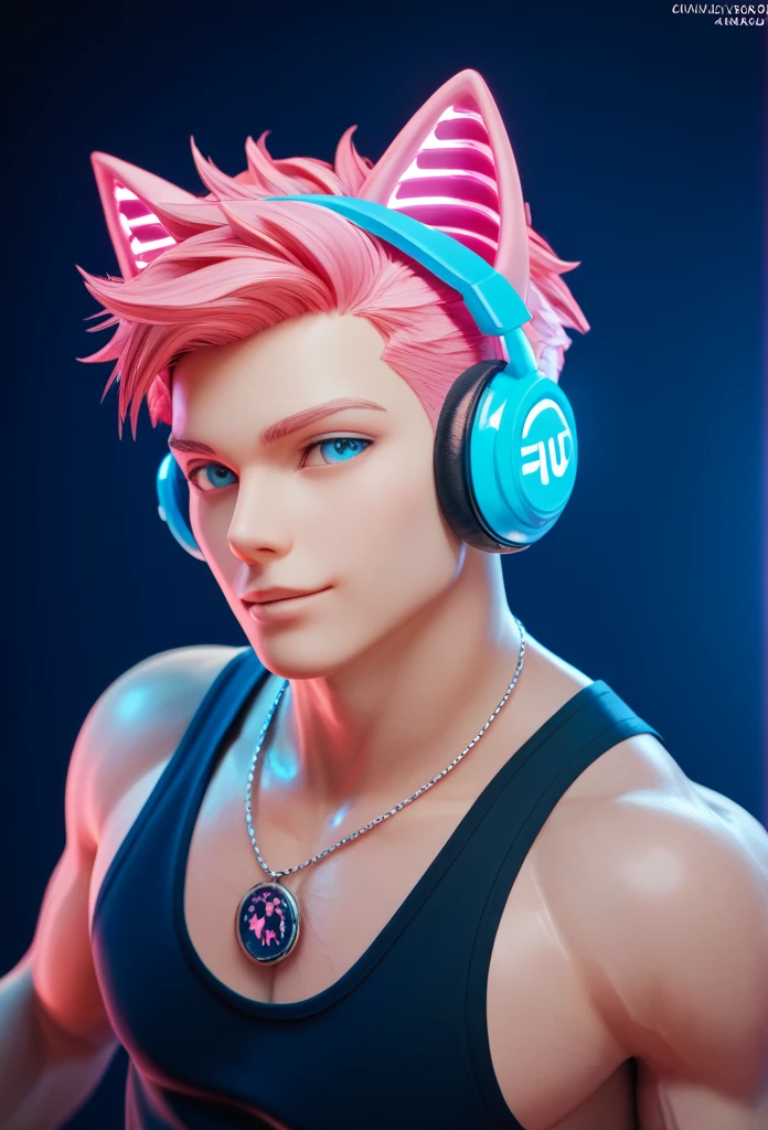  A stunning piece of digital art in 4K featuring a captivating male character, muscular man with cat ears. ,  Neon hair , and headphones ,   that oozes energy as it dances and moves with vibrant  , dynamic poses.   It has blue eyes framed by dark makeup and wears a black top adorned with bold neon text  "plenty."   short pink hair  , fluid movement.  With an impressive 100  %  black background , , , the work masterfully combines elements of dark fantasy  ,  cinematic illustration ,   and typography to create a visually stunning and immersive experience  .  Ample free space , anime realism, 3D render, ambient light