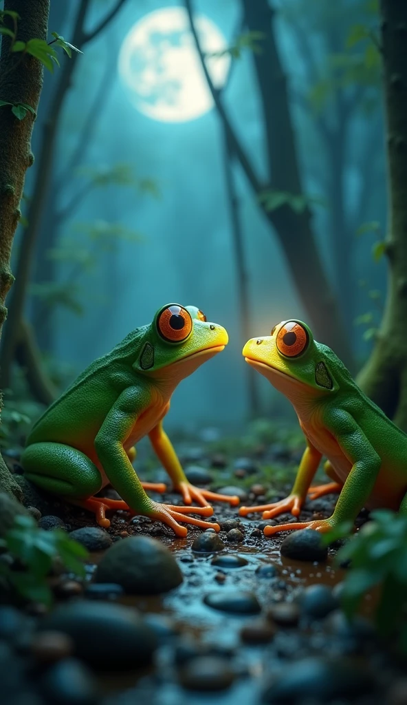 a frog (in 3d, 4k resolution) with green skin in a forest at night lit by the moon, looking at a firefly, fighting