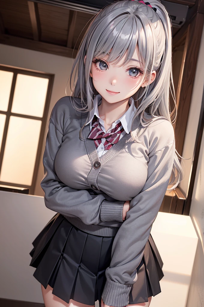 high quality, detailed,girl,(very wet school uniform),her eyes mismatched in colour,blunt bangs,a mole under the eye,silver long hair,plaid skirt,get down on all fours,In the very dark gymnasium warehouse of the high school,tounge out,(blushing:1.3),smile,dark background,orgasm,(open clothes,see the cleavage),