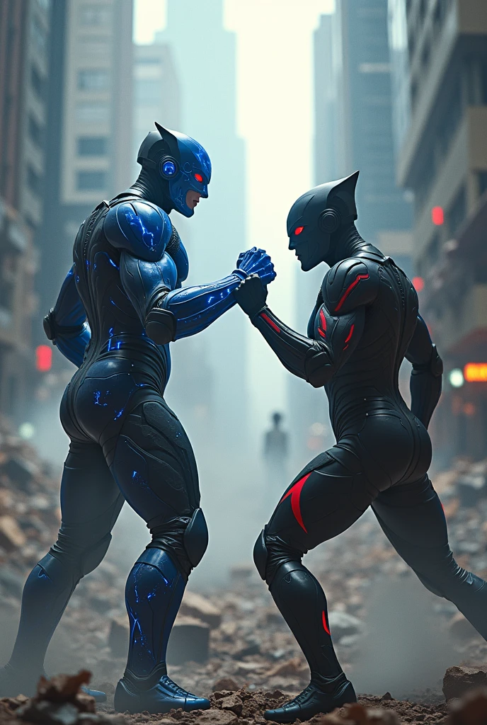 Rapist and evil pitbulldogman with red eyes with bleach hair with blue suit kill Vegeta in cyber punk in neoncity during night with neon red and blue light