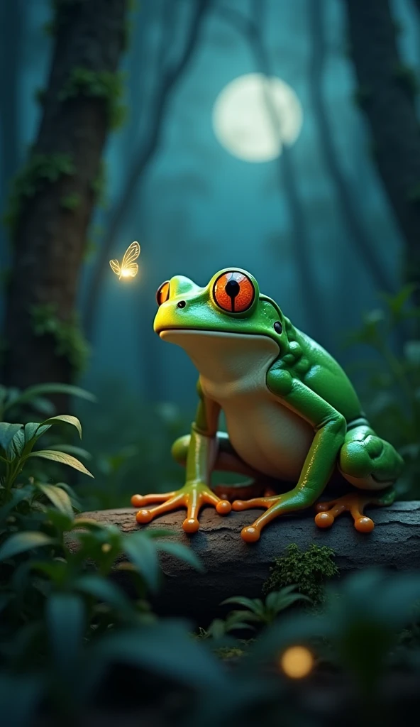 a 3d frog with green skin. In a forest at night, looking at a glowing firefly