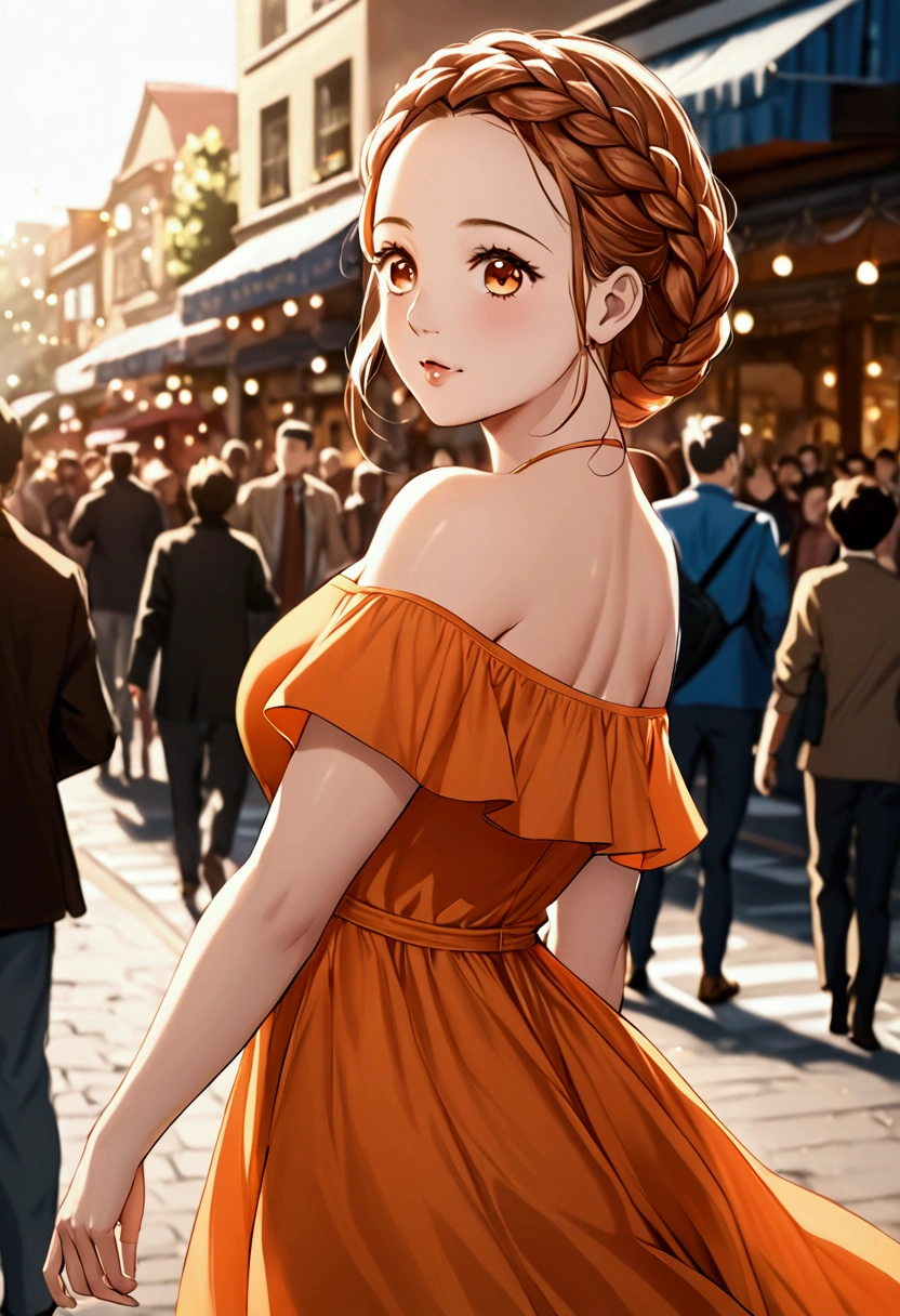 a woman posing on the street corner with orange dress on, best quality, 1girl, large breast, day, bright, blur background, bokeh, outdoor, (street:0.8), (people, crowds:0.8), (off-shoulder dress:1.2), gorgeous, (braided bangs:1.2), beautiful detailed sky, (dynamic pose:1.2), soft lighting, wind, shiny skin, (upper body:0.8), (freckles:0.8), mole under mouth, 