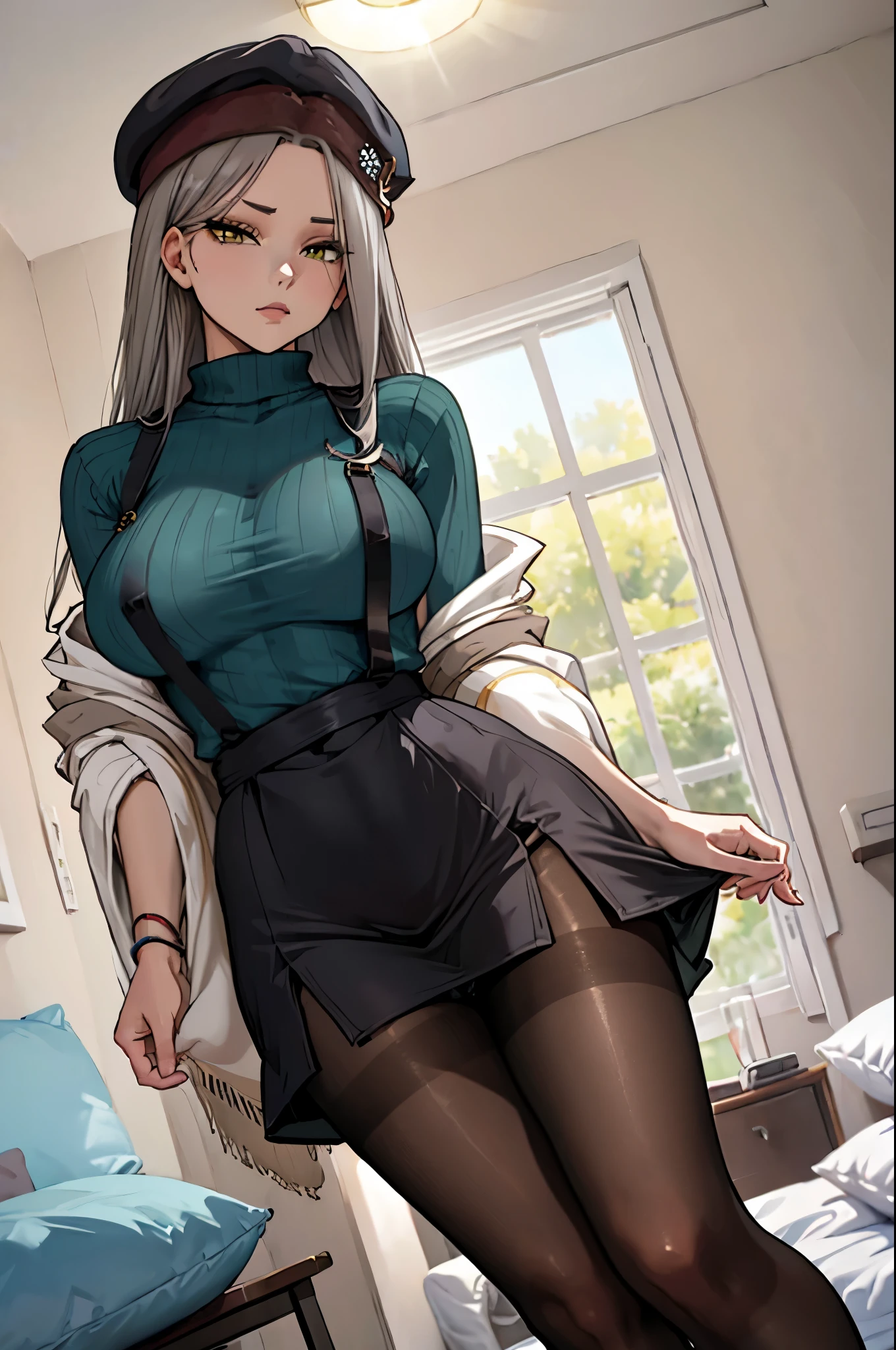 ((plump breasts)), (jambes grasses), ((hotel room)), ((perfect hands)), ((glossy pantyhose)), (finely detailed eyes and detailed face:1.3), (extremely fine and beautiful:1.1), (Perfect details:1.1), Shangri-la, Azur Lane, very long hair, grey hair, yellow eyes, forehead, semi-rimless eyewear, green sweater, turtleneck sweater, ribbed sweater, suspenders, shawl, black beret, brown skirt ((glossy black pantyhose)), (view from below),