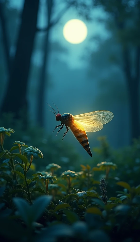 a firefly in 3d. Shining night in a forest, illuminated by moonlight in the background