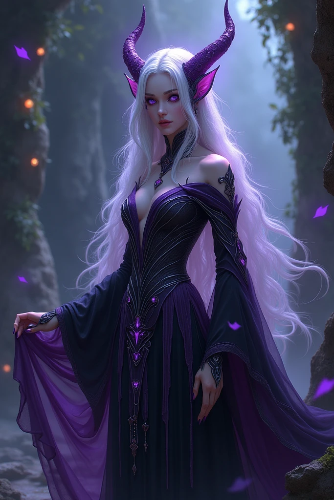 cute pale draconian maiai in full body pose, mix of dragon and girl, half dragon, silver ponytail with strands hair, (masterpiece), realistic, beautiful face, cinematic light, (beautiful purple cat eyes:1.3), perfect anatomy,dragon horns,
night sky moonlight, starry background,
fine detailed silver crescent glasses, pointy ears, cowboy shot, open mouth, (blackish ShroomPunkAI skin:1.3),black lips, black eye shadow,
hyperdetailed painting, luminism, 4k resolution,
Soft Lighting, Photographic Realism,
3d rendering, octane rendering, <lora:ShroomPunkAI:1>