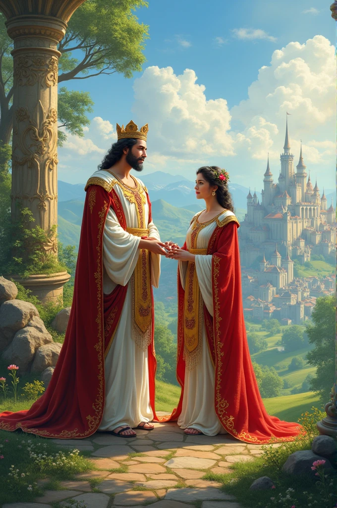 Book drawing of a kind king and queen in the middle of a castle