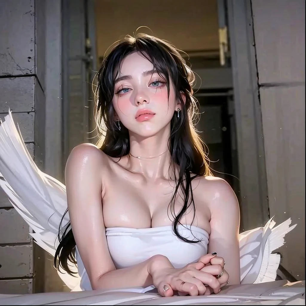 (Hyper-realistic), (Illustration), (High resolution), (8K), (Extremely detailed), (Best Illustration), Yol ( chain saw man ), (Beautiful detailed eyes), (Best Quality), (Ultra-detailed), (masutepiece), (Wallpaper), (Detailed face), Solo, Upper body, Focus on Face, 1 girl, Long Black Hair, Korean, Thin eyeshadow, A detailed eye, Brown eyes, Small moles under the eyes, very slender legs,Small breasts,Smaller chest,Black knee socks, Dynamic Pose, low illuminance, Night, Dark, Clouds, a dark night,sleeps in a bed,Happy,White panty,Naked,Face drenched in foam,splashing water on the body,Reluctant face,