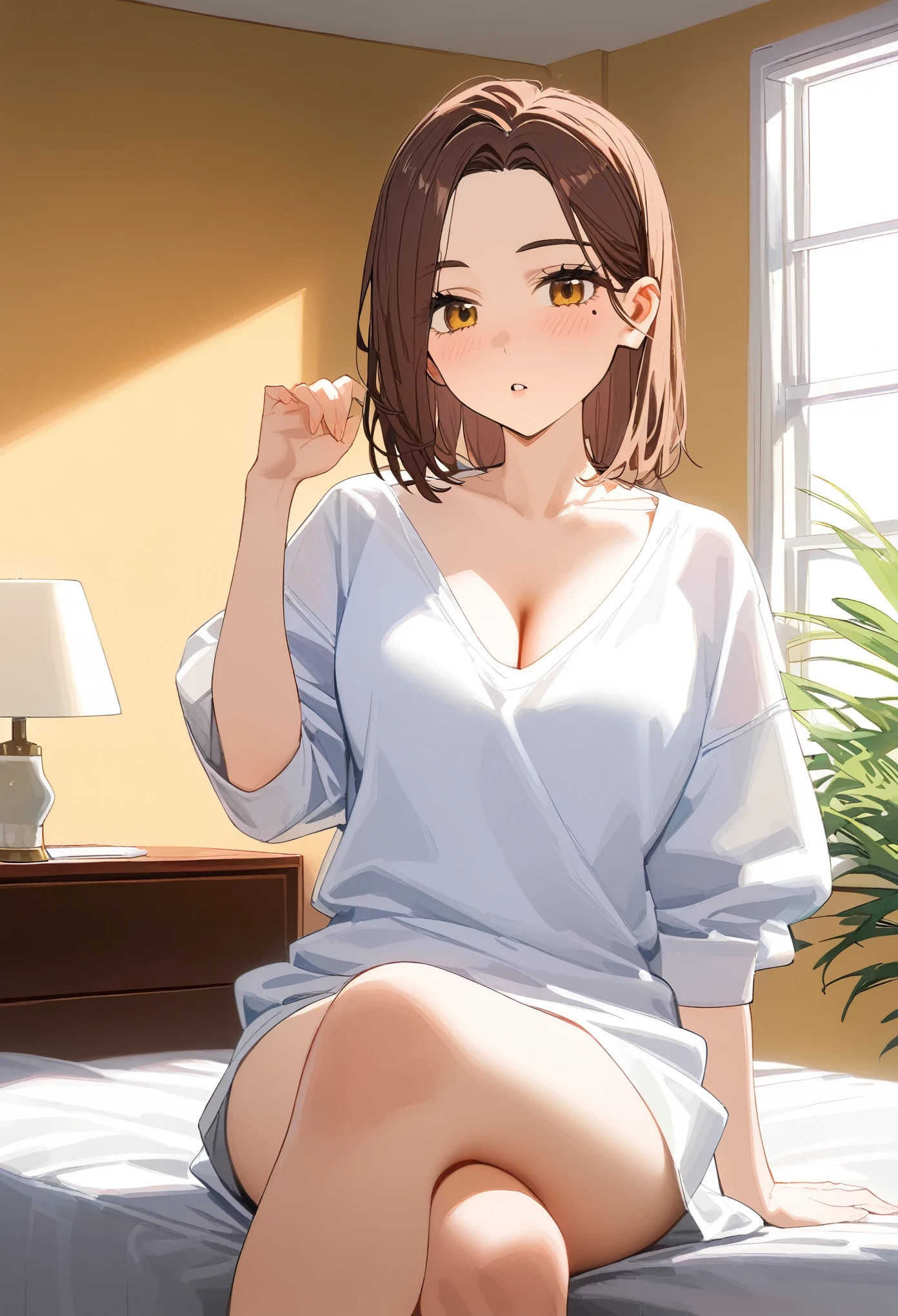 ((masterpiece, best quality:1.2)), 1 girl, alone, ((adult, mature woman)), tachibana kotoha, /(wind breaker/), looking at viewers, brown medium short hair, brown eyes, mole under left eye, parted lips, blushing, flipping left-side hair behind ear with left-hand pose, ((oversized white shirts)), cleavage, ((sitting, sensual, crossed-legs)), in the bedroom, in the morning, lights off, sunlight through the window, ((detailed bedroom : black-themed bedroom)), 