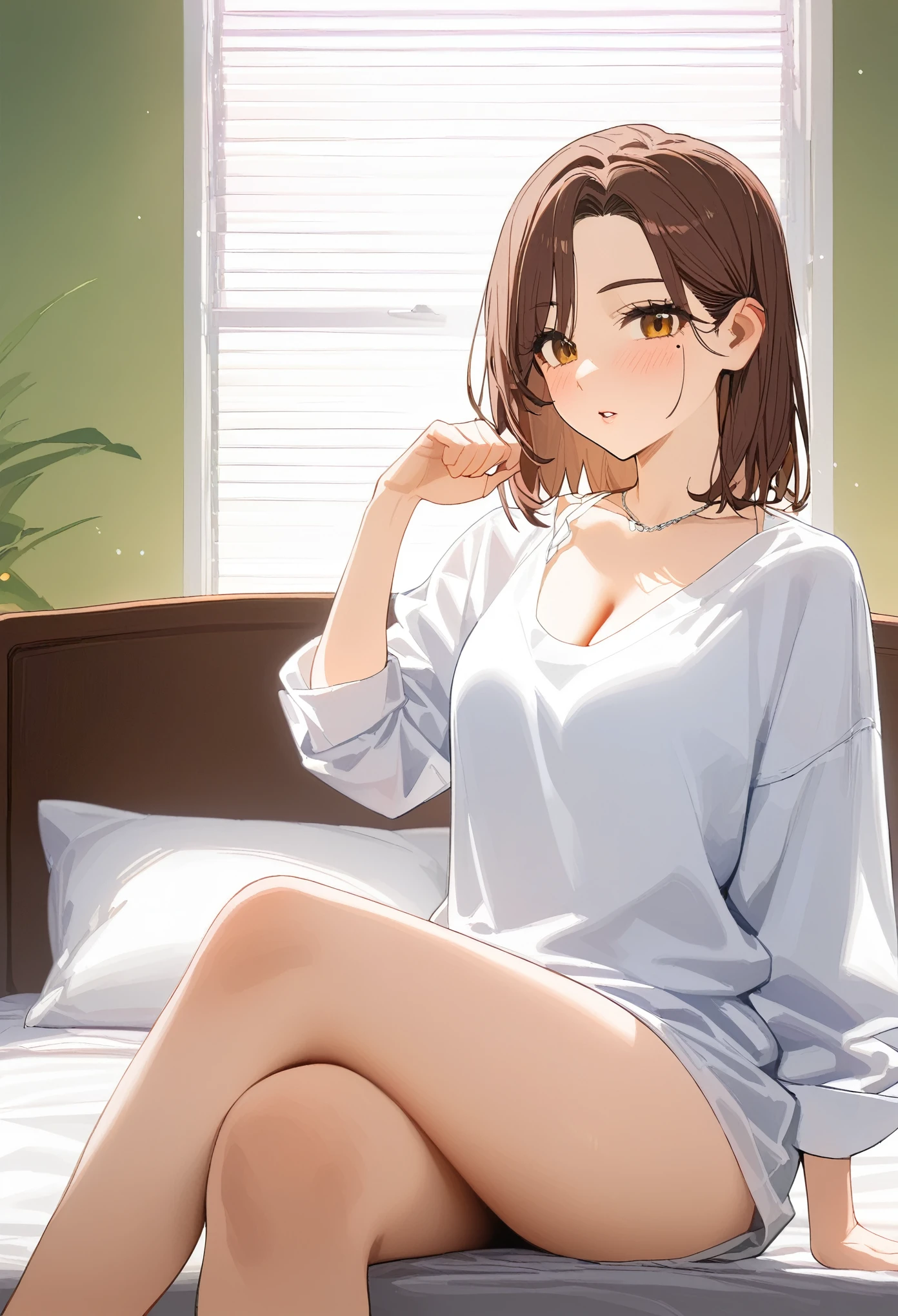 ((masterpiece, best quality:1.2)), 1 girl, alone, ((adult, mature woman)), tachibana kotoha, /(wind breaker/), looking at viewers, brown medium short hair, brown eyes, mole under left eye, parted lips, blushing, flipping left-side hair behind ear with left-hand pose, ((oversized white shirts)), cleavage, ((sitting, sensual, crossed-legs)), in the bedroom, in the morning, lights off, sunlight through the window, ((detailed bedroom : black-themed bedroom)), 