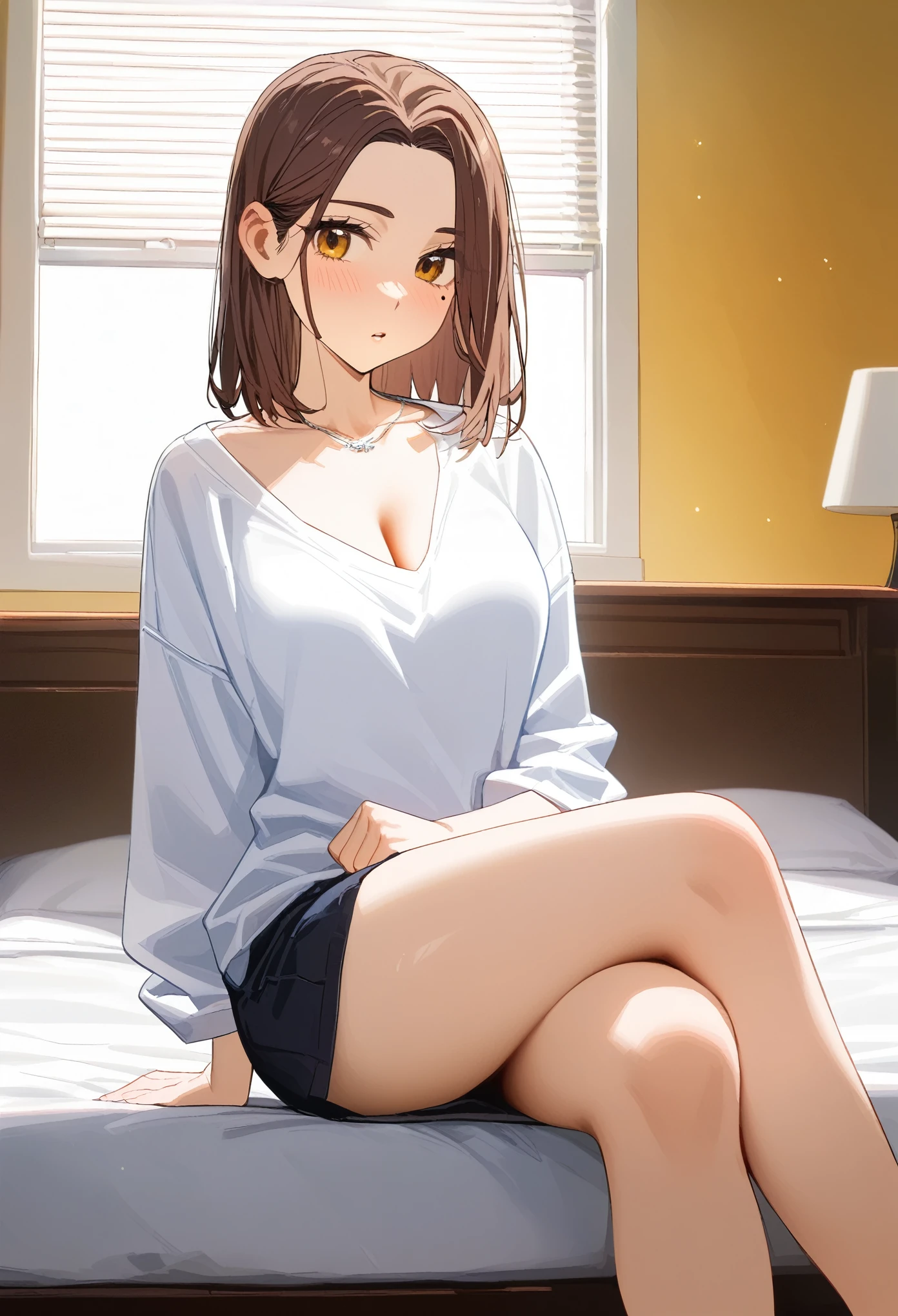 ((masterpiece, best quality:1.2)), 1 girl, alone, ((adult, mature woman)), tachibana kotoha, /(wind breaker/), looking at viewers, brown medium short hair, brown eyes, mole under left eye, parted lips, blushing, flipping left-side hair behind ear with left-hand pose, ((oversized white shirts)), cleavage, ((sitting, sensual, crossed-legs)), in the bedroom, in the morning, lights off, sunlight through the window, ((detailed bedroom : black-themed bedroom)), 