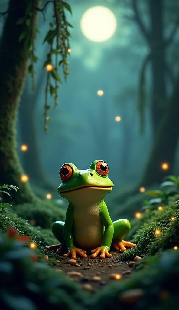 A green frog in 3d. in a forest at night lit by fireflies, and the moonlight in the background