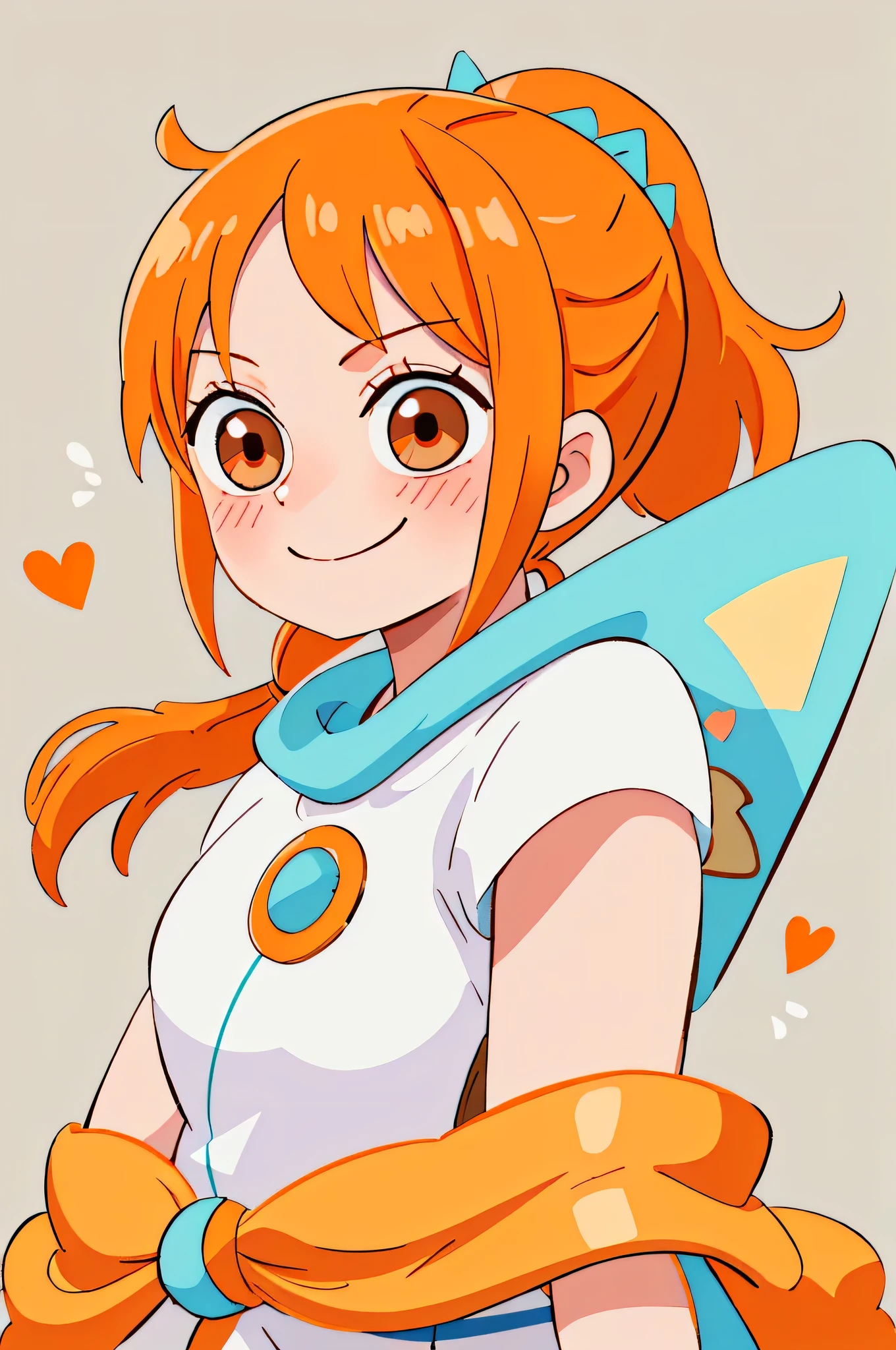 (master part, best quality:1.2), 1 girl, 1 small nami, orange hair, Big orange ponytail hairstyle, brown eyes , white clothes and light blue , smug smile , blush , heart eyes