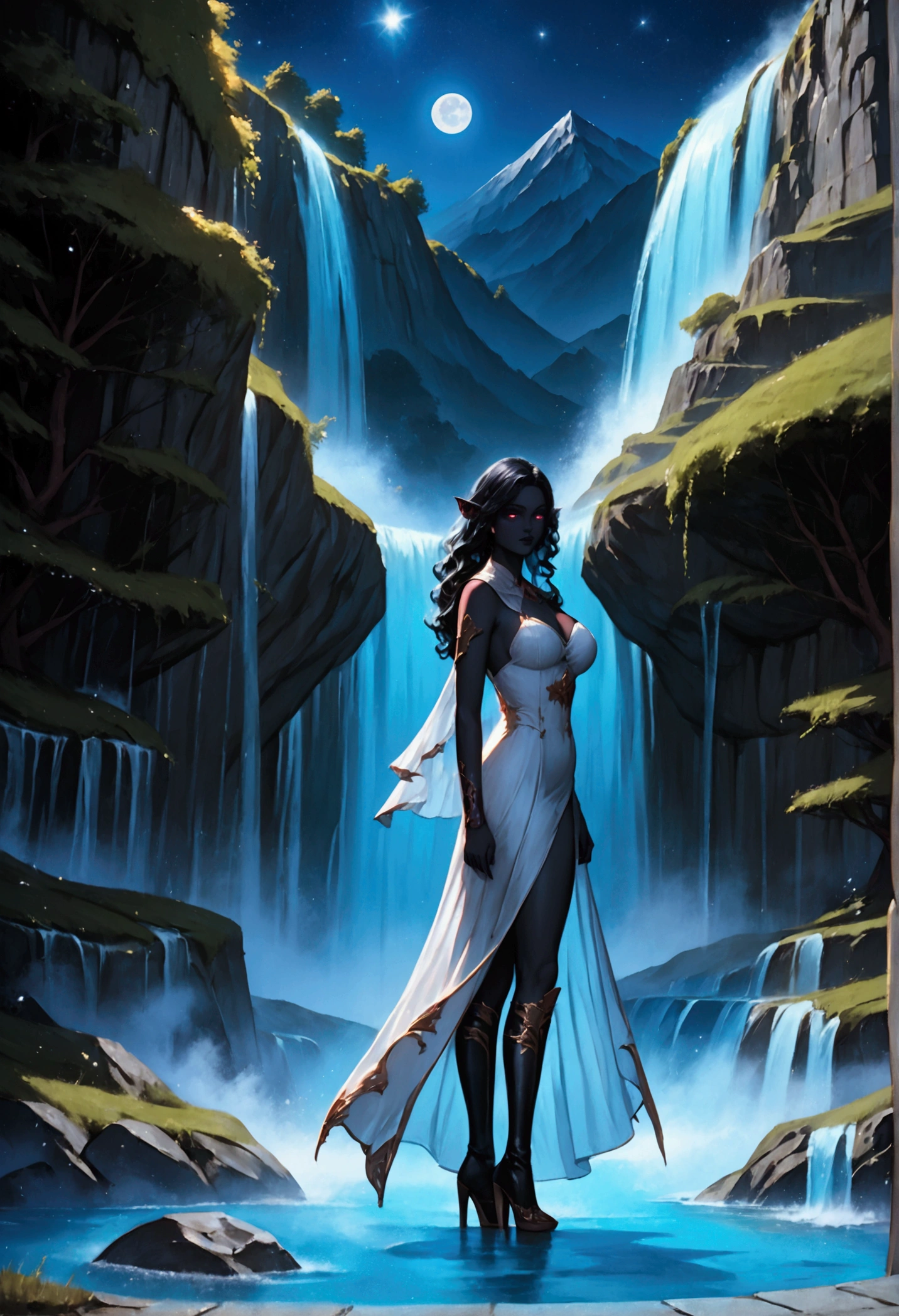 score_9, score_8_up, score_7 a picture of an exquisite beautiful female vampire standing under the starry night sky at the base of the waterfall, dynamic angle (ultra detailed, Masterpiece, best quality), ultra feminine, (black skin: 1.3),  dynamic hair color, wavy hair, dynamic eyes color, cold eyes, glowing eyes, intense eyes, dark red lips, busty, wearing white dress, wearing blue cloak, long cloak, flowing cloak (ultra detailed, Masterpiece, best quality), wearing high heeled boots,  water coming down from a mountain, multi level water falls, several pools created in different levels, forming new waterfalls, water cascading into a pool steam rising, clear water in many hues of blue and azure falling, ultra best realistic, best details, best quality, 16k, [ultra detailed], masterpiece, best quality, (extremely detailed), ultra wide shot, photorealism, depth of field, hyper realistic painting, sky full of stars background, moon, bats flying about, high details, best quality, 8k, [ultra detailed], masterpiece, best quality, (ultra detailed), full body, ultra wide shot, photorealism, dark fantasy art, dark fantasy art, gothic art, many stars, dark fantasy art, gothic art, sense of dread, Intense gaze, magical sky