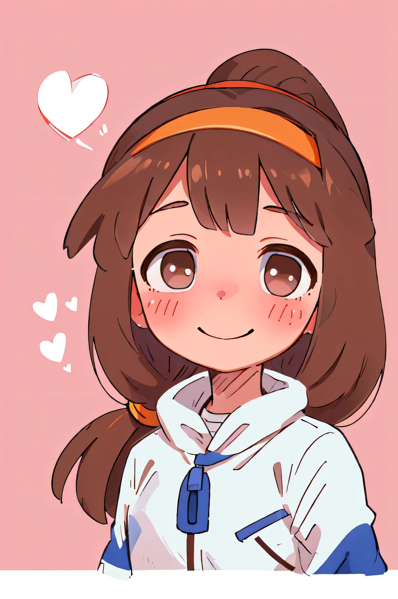 (master part, best quality:1.2), 1 girl, 1  kinako nanobana , brown hair, Big brown ponytail hairstyle, brown eyes , white clothes and light blue , smug smile , blush , heart eyes