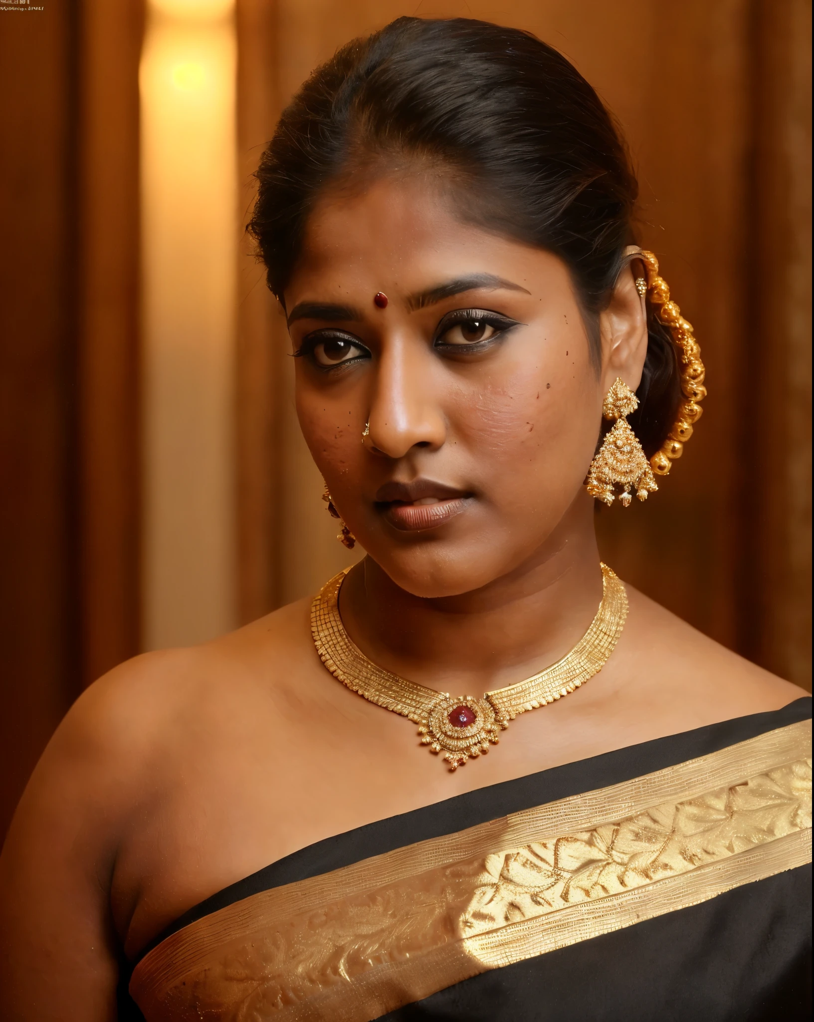 Looks like Nayanthara, thick figure, bulky figure, fleshy figure, black lips, beautiful hypnotizing gazing eyes, Full figured woman, heavy figure, attractive, gorgeous, stunning beauty, milf, 50 years old Woman, attractive body, araffe woman in a gold sari posing for a picture, chocolate skin, skin pores, sweat, incredible skin texture, wearing gold jewellery, photo of a hand jewellery model, sexy girl with dark complexion, indian girl with brown skin, traditional beauty, wearing elegant jewellery, traditional makeup, with small studded earings, indian goddess, indian, intricate thin details in gold, gold jewellery, modeling shoot, 7 0 mm portrait, dramatic lighting, cinematic colour grading,