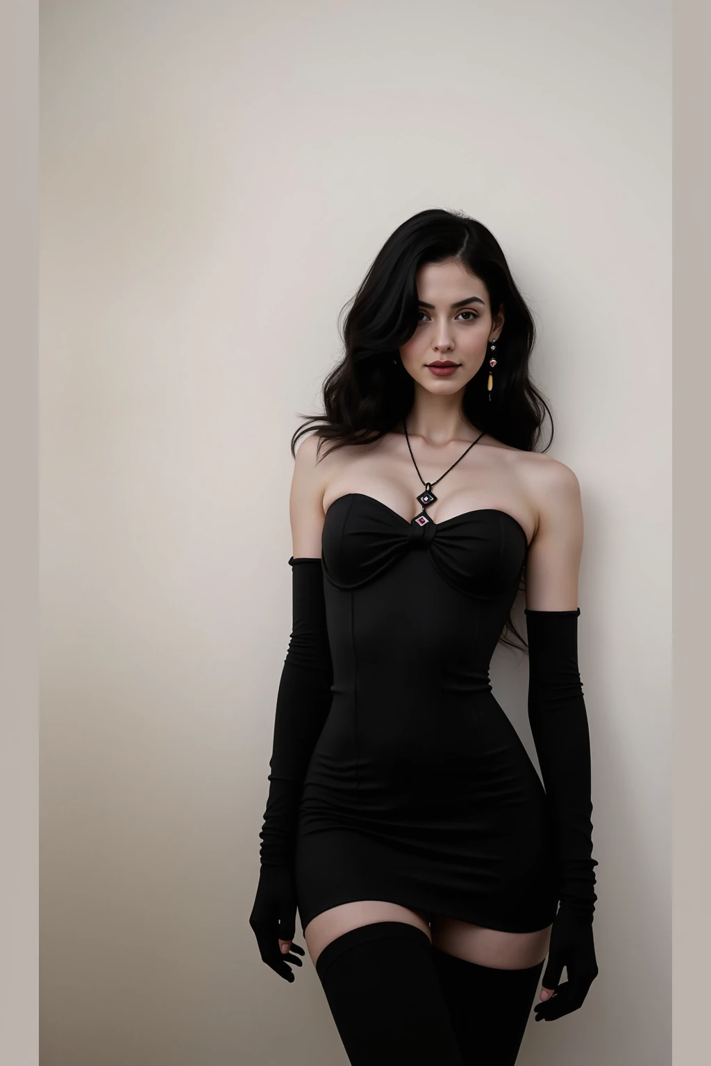 A photo of a girl standing in a dimly lit room, wearing a maxi black velvet dress with a long sleeve, a statement choker necklace, and platform boots. A close-up photo of dark red lipstick, smoky eyeshadow, and dramatic false lashes.