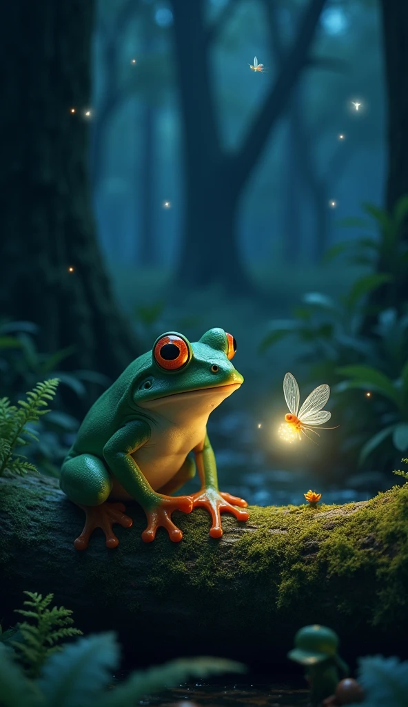 A frog looking at a glowing firefly. Night in a forest