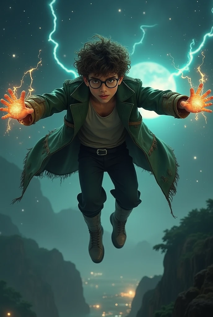 A boy standing with a lightning scar on his head with round glasses, Messy black hair, a brown jacket, white shirt with black pants and classic black shoes
