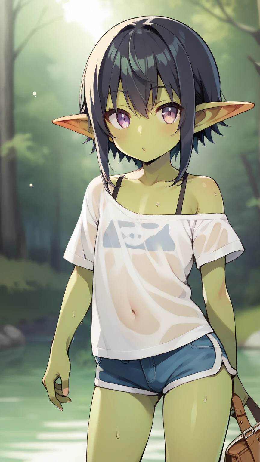  score_9,  score_8_up,  score_7_up,  score_6_up, Anime BREAK，nsfw，(Detailed Biography  :1.2)，  Fisheye Lens  ，  very young and cute girl ，  short ，  toddler figure ， flat chested，By deadpolicius, cute goblin girl :1.2， green skin，A little embarrassing，，(change:1.8), Oversized white t-shirt,  off-shoulder  ，ラクダのつま先，  flat chested，  standing , In the forest, river, translucent sheer panties， wet shorts ，  goblin girlfriend and campsite， Playful gestures  ，