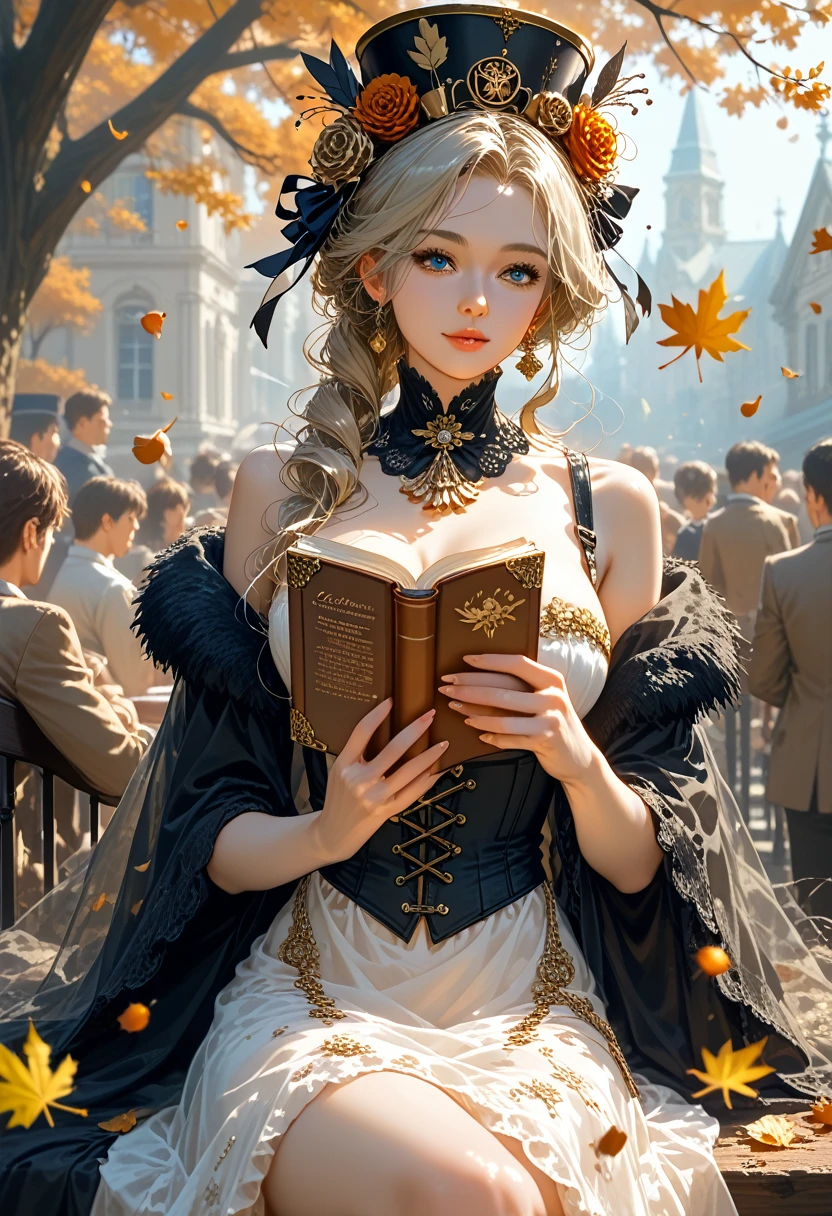 Anime girl, Shine, Beautiful Sexy with Gorgeous Figure in Tight transparent Dress with Fine Fabric Patterns Black and Gold Shimmer on Clothes, Sits on a chair reading a book, holding a book in his hand,elements of steampunk ,A crowd gathered around the girl, Trees are falling Leaves, dynamic shadows, Autumn is very beautiful, The wind blows a little and swirls the leaves, Birds are sitting on the trees, masterpiece, bright colors, Clear drawing of details, score_9,score_8_up,score_7_up,dramatic lighting,highly detailed,high budget,bokeh,cinemascope,moody,epic,gorgeous,film grain,grainy,masterpiece,best quality,perfect anatomy,very aesthetic,official art,8k,BREAK