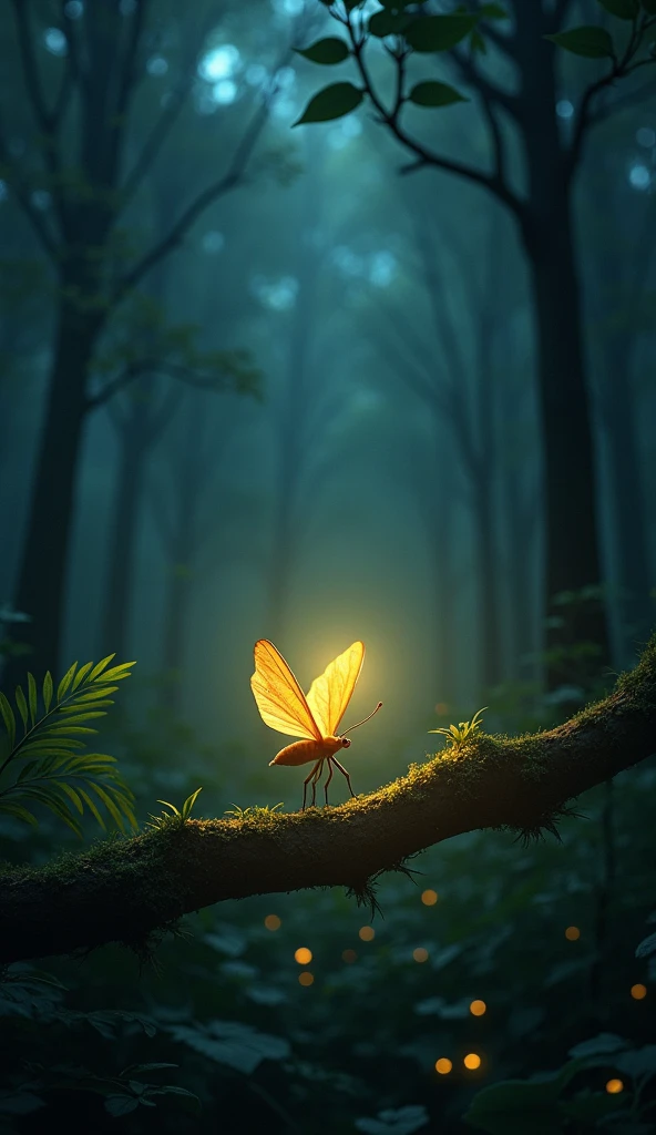 a forest at night, being lit up by a bright firefly